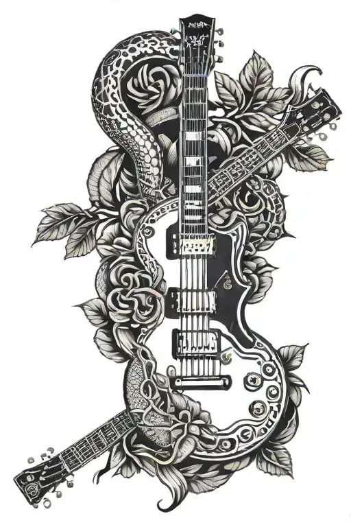 les paul guitar with snake wrapped around the fretboard and a cross on the head of the guitar and a leaves for backgroun tattoo design idea