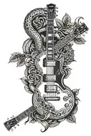 les paul guitar with snake wrapped around the fretboard and a cross on the head of the guitar and a leaves for backgroun tattoo design idea