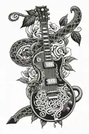 les paul guitar with snake wrapped around the fretboard and a cross on the head of the guitar and a leaves for backgroun tattoo design idea