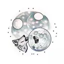 two wolves howling at two moons facing each other, inside of one moon is the vegvisir, the other the helm of awe tattoo design idea