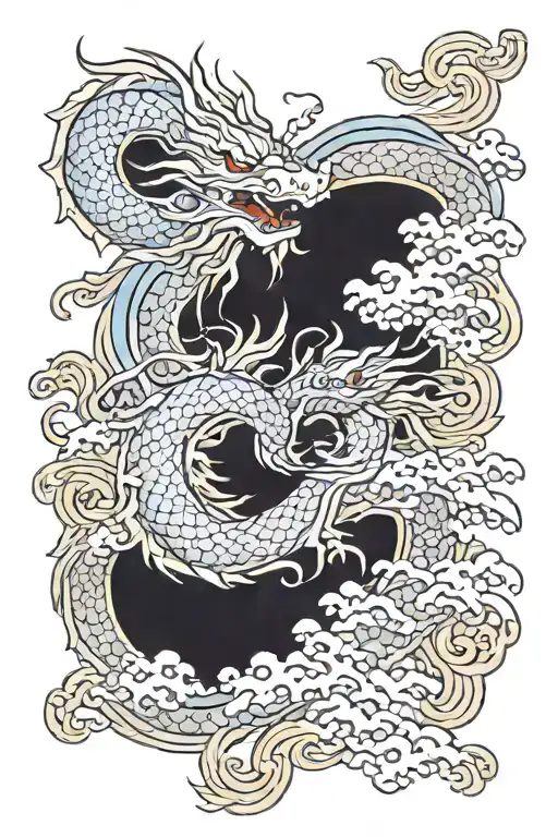 Fujin surrounded by air waves flowing and dragon wrapped tattoo design idea