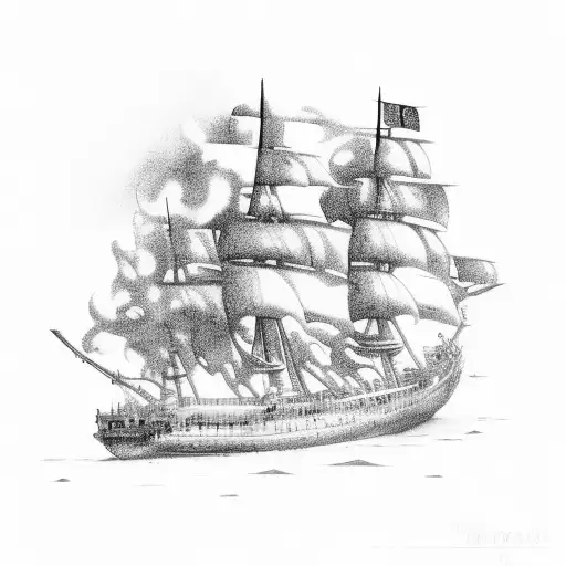 burning ship tattoo design idea