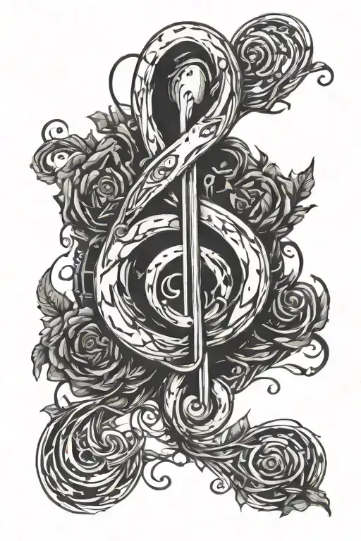 A sketch for a tattoo. black on a white background. Treble clef with a reference to the game dead in daylight. Everythin tattoo design idea