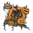 halloween sleeve with haunted house jack o lantern black cats bats  tattoo design idea