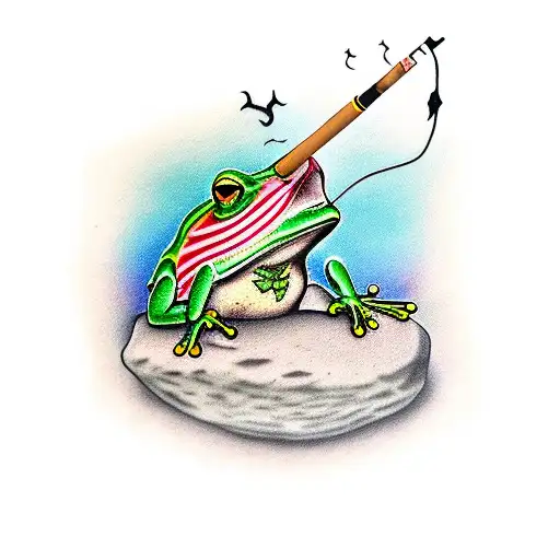 Frog fishing on stone, smoking cigarett  tattoo design idea