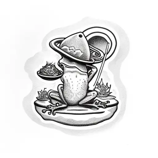 frog smoking blunt with  rice hat, sitting on stone tattoo design idea