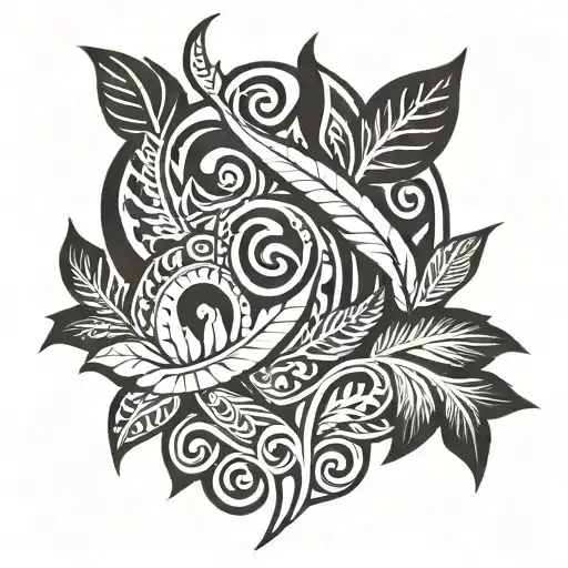 Create a tattoo design featuring the names Ronja & Finn in a maori style with fern leaf elements tattoo design idea