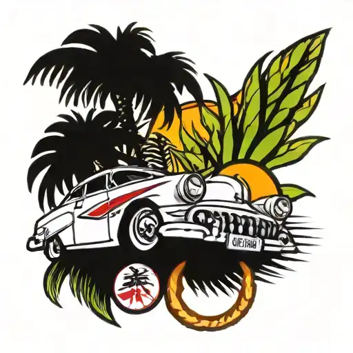 palmtree corn and rising Sun cuba car cash tattoo design idea