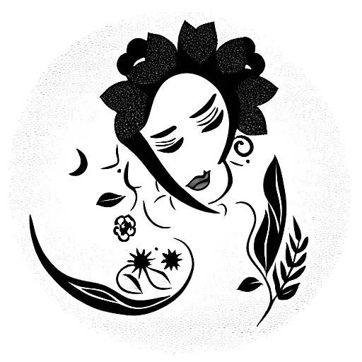 Afro Latina woman with a crescent moon on her forehead and flowers in her hair  tattoo design idea