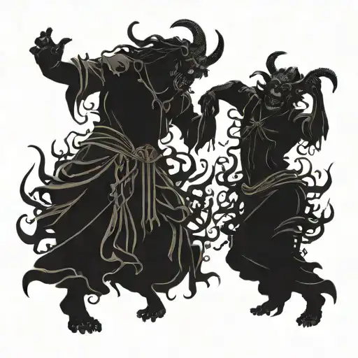creepy lovecraftian demons croud dancing in francisco de goya style tattoo design idea