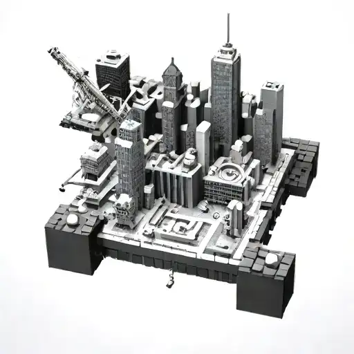 Incorporate gym equipment into a lego cityscape with hidden logic symbols tattoo design idea