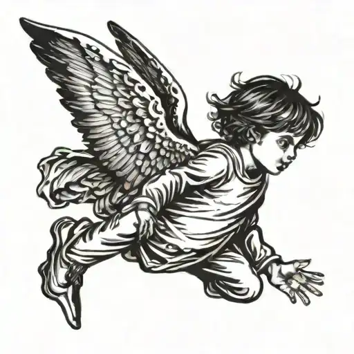 A boy being protected by an angel, with the sky surrounding them tattoo design idea