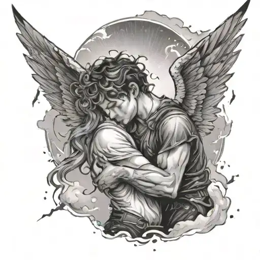 A boy being hugged by a female angel in the sky with lightning around, tattoo to close the forearm tattoo design idea