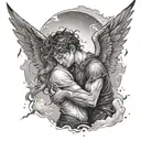 A boy being hugged by a female angel in the sky with lightning around, tattoo to close the forearm tattoo design idea