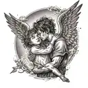 A boy being hugged by a female angel in the sky with lightning around, tattoo to close the forearm tattoo design idea