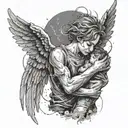 A boy being hugged by a female angel in the sky with lightning around, tattoo to close the forearm tattoo design idea
