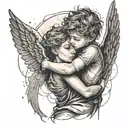 A boy being hugged by a female angel in the sky with lightning around, tattoo to close the forearm tattoo design idea