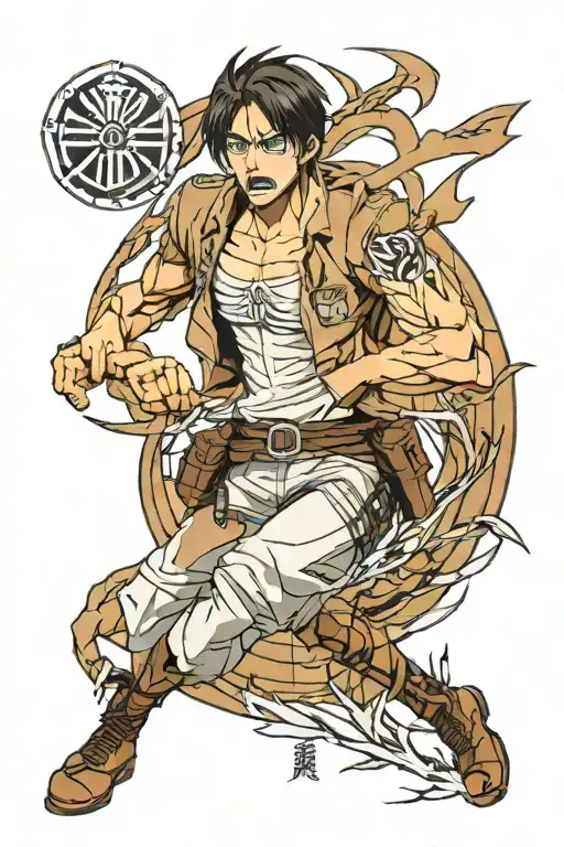 attack on titan eren yeager with tatakae kanji symbol tattoo design idea