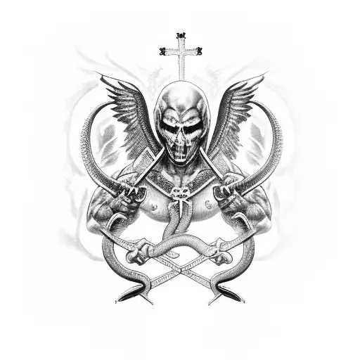 29 September 99 - 5 January 23 on the inner bicep, archangel holding cross on the outer shoulder, snake around a dagger  tattoo design idea
