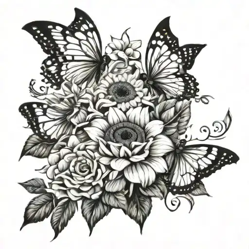 A beautiful composition of girasoles, mariposas, rosas y flores de trinitario intertwined together in a garden setting tattoo design idea