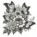 A beautiful composition of girasoles, mariposas, rosas y flores de trinitario intertwined together in a garden setting tattoo design idea