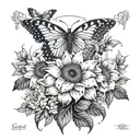 A beautiful composition of girasoles, mariposas, rosas y flores de trinitario intertwined together in a garden setting tattoo design idea