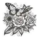 A beautiful composition of girasoles, mariposas, rosas y flores de trinitario intertwined together in a garden setting tattoo design idea