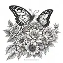 A beautiful composition of girasoles, mariposas, rosas y flores de trinitario intertwined together in a garden setting tattoo design idea