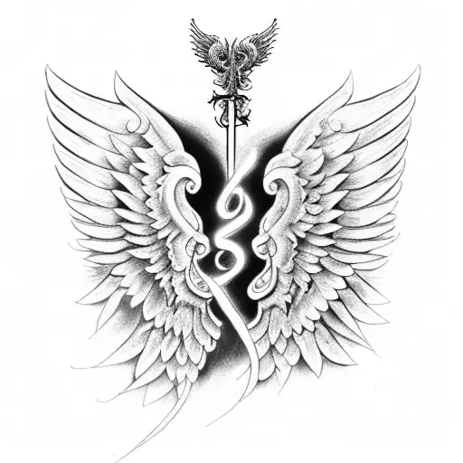 An intricate design featuring the angel wings and demon tail from Good Omens tattoo design idea