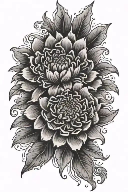 Aztec marigold with the date May 11,2024 in Roman numbers somewhere in the flower tattoo design idea