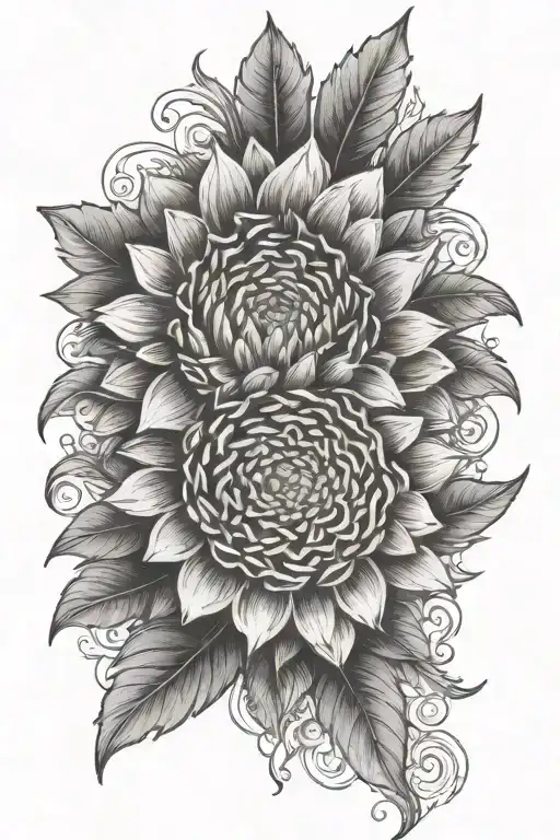 Aztec marigold with the date May 11,2024 in Roman numbers somewhere in the flower tattoo design idea