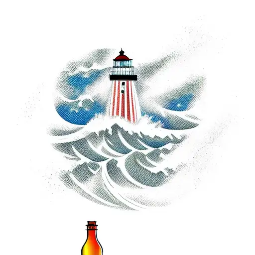 ship in a bottle with waves and lighthouse tattoo design idea