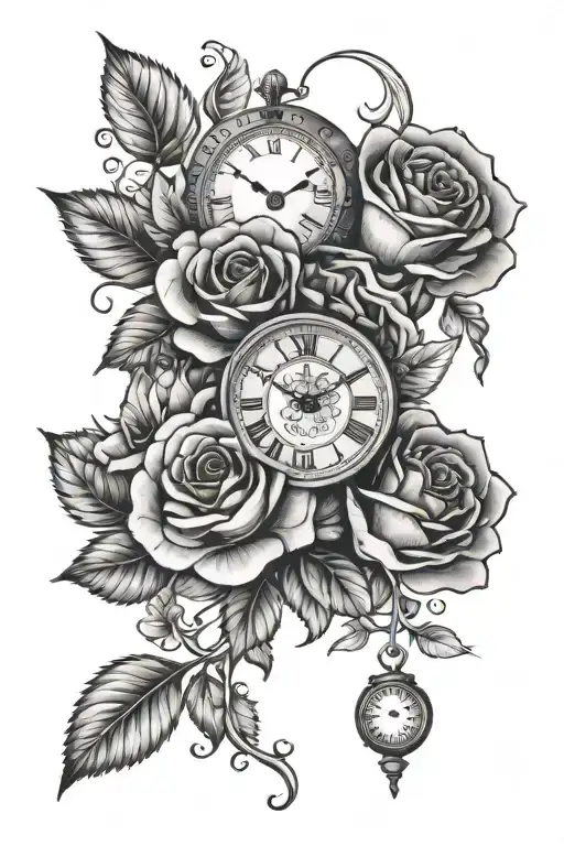 roses and carnation flowers with clocks incorporated into them using roman numerals as the numbers. tattoo design idea