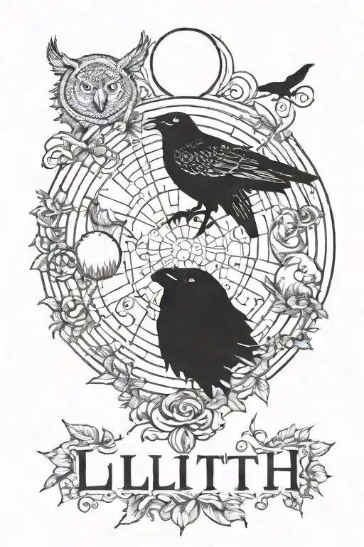 word "lilith" surrounded by raven,owl,wolf and moon phases tattoo design idea