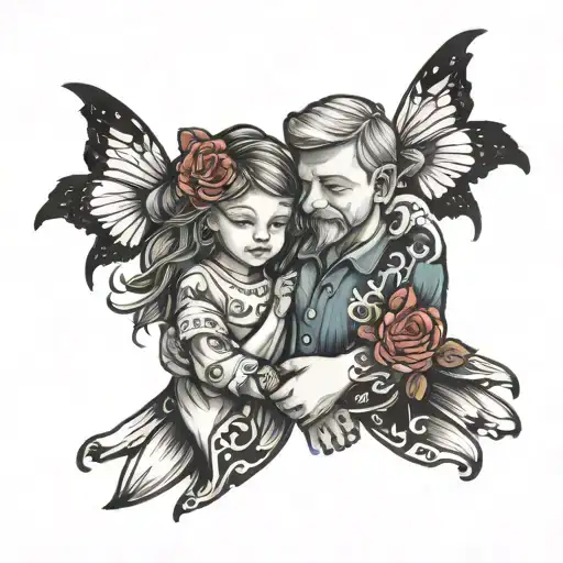 son and daughter holding hands with Dad tattoo design idea