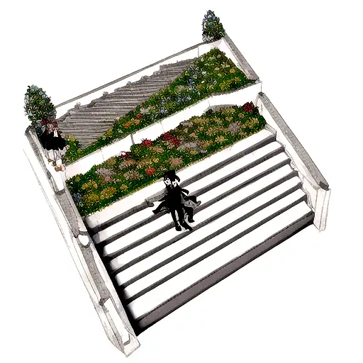 five leaf black clover in the middle, stairs in heaven on the top, black wolf on bottom tattoo design idea