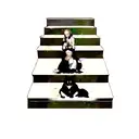 five leaf black clover in the middle, stairs in heaven on the top, black wolf on bottom tattoo design idea