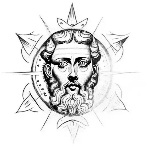 Marcus Aurelius face, with hand holding flower in top right corner and compass in bottom left with quote in top left tattoo design idea