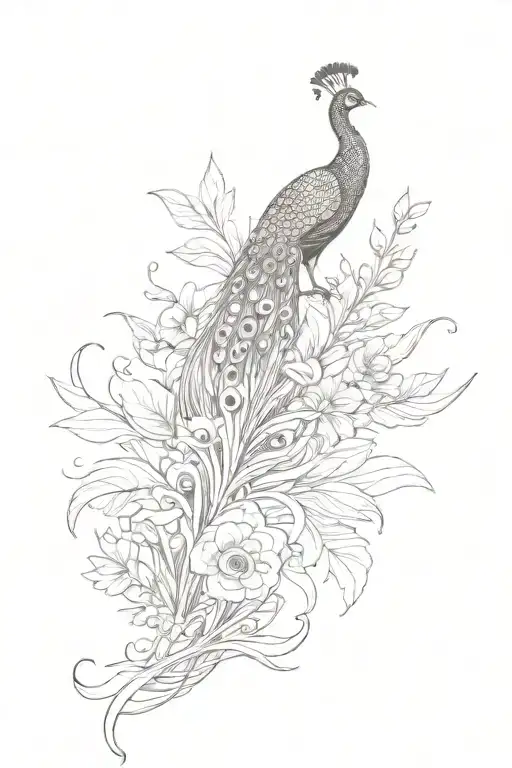 peacock feather that turns into a mountain  with flowers above it tattoo design idea