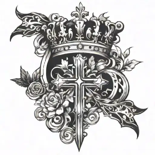 A cross and crown intertwined with musical elements tattoo design idea