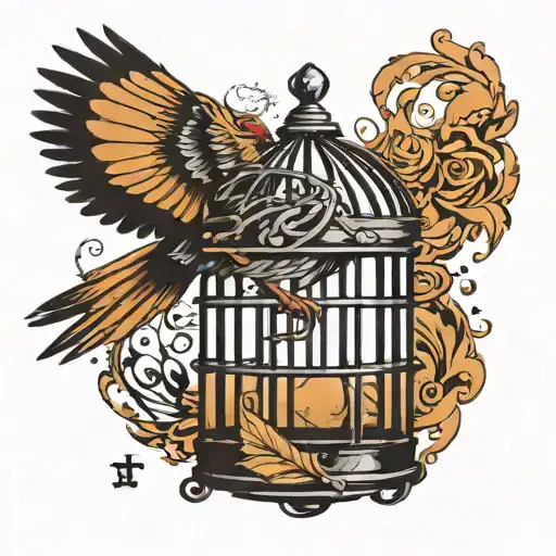 bird breaking free from cage chased by shadows pull him back tattoo design idea