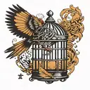 bird breaking free from cage chased by shadows pull him back tattoo design idea