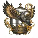 bird breaking free from cage chased by shadows pull him back tattoo design idea