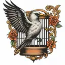 bird breaking free from cage chased by shadows pull him back tattoo design idea