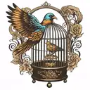bird breaking free from cage chased by shadows pull him back tattoo design idea