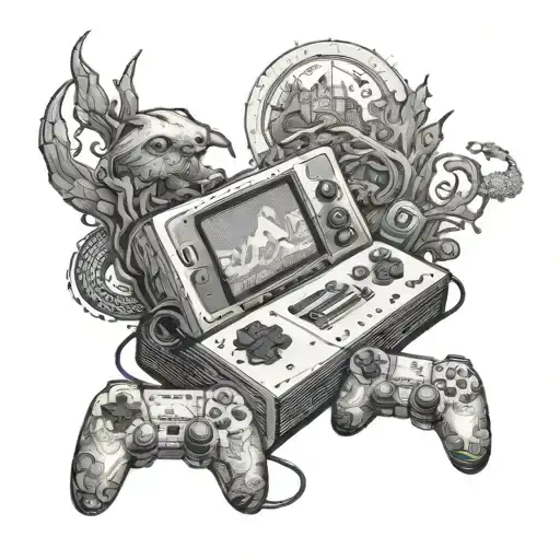 A whimsical scene of a gaming console transforming into a fantasy world filled with creatures and characters from favorite books tattoo design idea