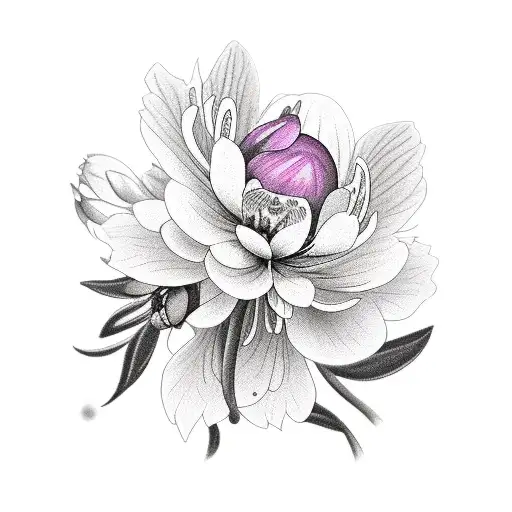 sleeve with hellebores, rhododendrons, peonies, three tiny soot sprites tattoo design idea