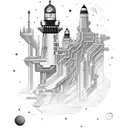 Cosmic Lighthouse, futurism, asteroid sea tattoo design idea