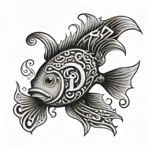 An intricate tattoo design of a tyano fish swimming among the letters SD, creating a visually stunning piece that represents the client's interests and initials tattoo design idea