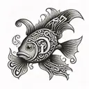 An intricate tattoo design of a tyano fish swimming among the letters SD, creating a visually stunning piece that represents the client's interests and initials tattoo design idea